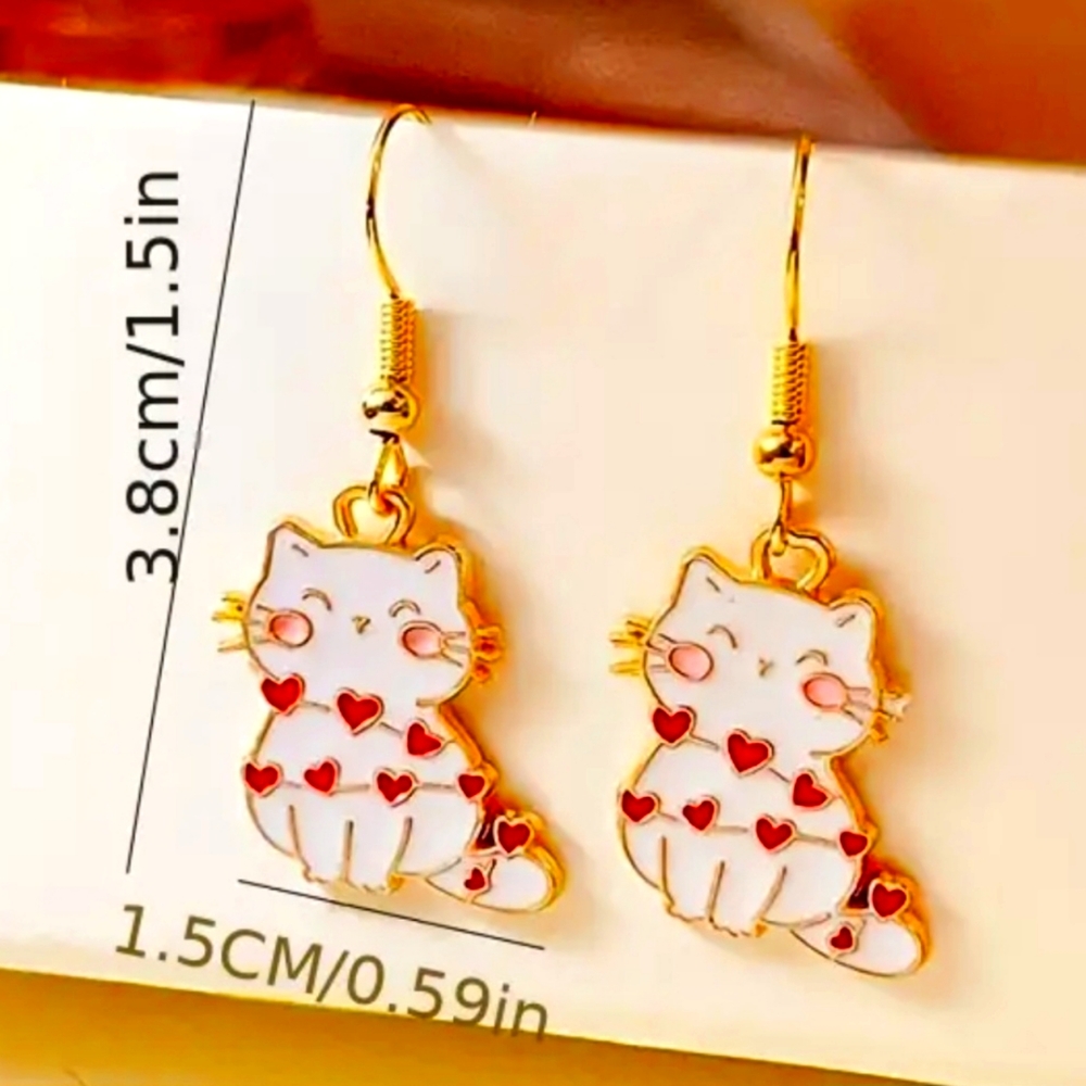 White kitten with heart string lights Earrings